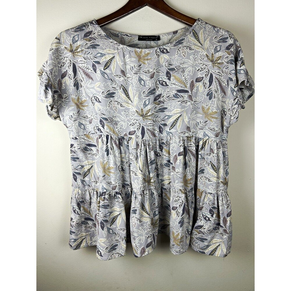 Final Touch Boho Leaf Print Tiered Babydoll S Top Purple Rayon Cottagecore USA